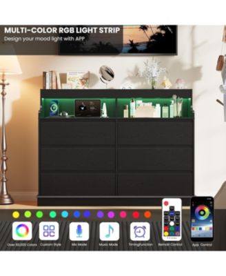 6-Drawer Black Dresser with LED Lights, Charging Station, Wide Chest, Modern Large Capacity Storage for Living Room, Hallway