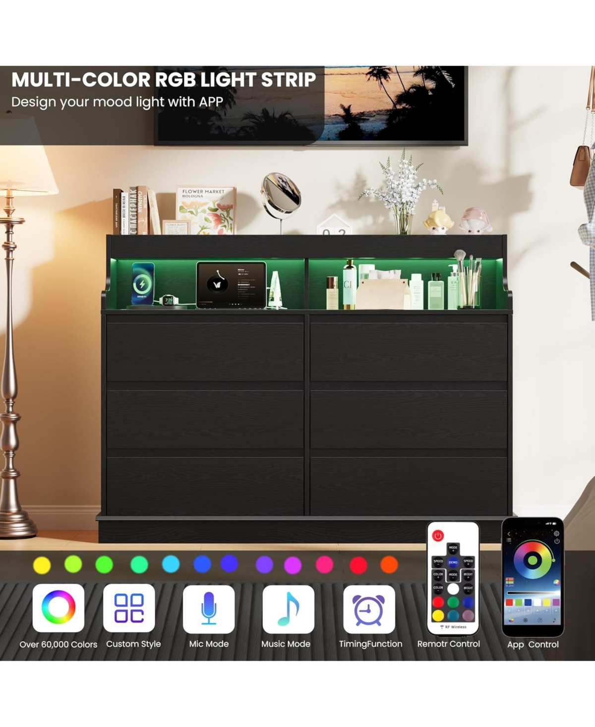 gaomon 6-Drawer Black Dresser with Led Lights, Charging Station, Wide Chest, Modern Large Capacity Storage for Living Room, Hallway