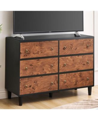 6 Drawer Modern Dresser, Space-Saving Narrow Wood Chest with Curved Profile, Vintage Handles, Bedroom, Entryway