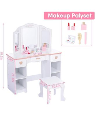 Kids 3 Drawer Wooden Dressing Table, Round Mirror with Lights, Stool, Modern Child Vanity Set