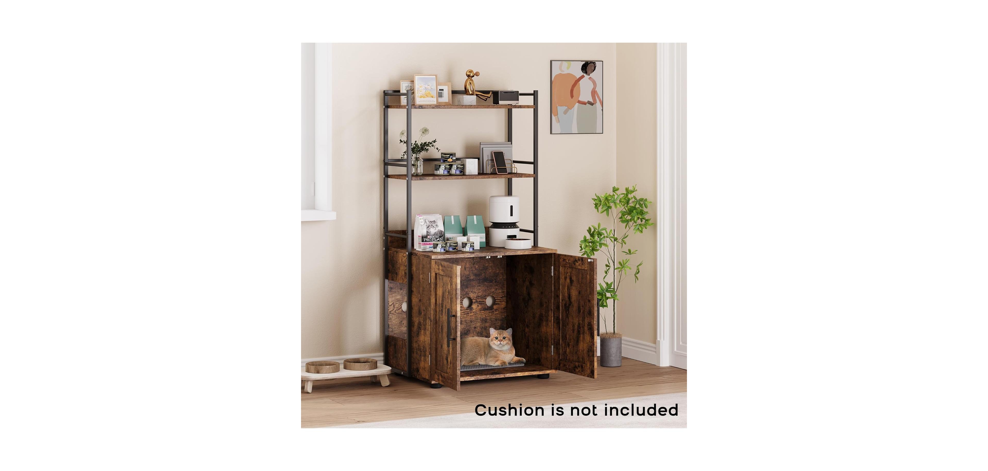 gaomon 48.5" Tall Cat Litter Box Enclosure, 3 Shelf Stylish Cat House Organizer, Brown, Space-Saving Design