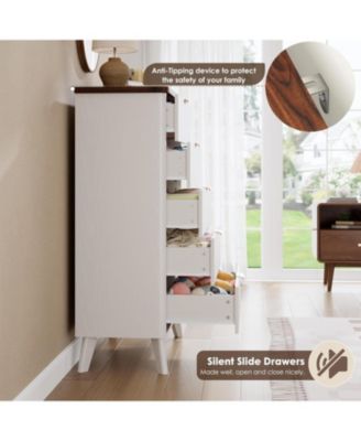 Fluted Dresser for Bedroom with 5 Deep Drawers, 47in Tall Chest of Drawers with Faux Marble Top, Curved Profile Design, White with Walnut Top