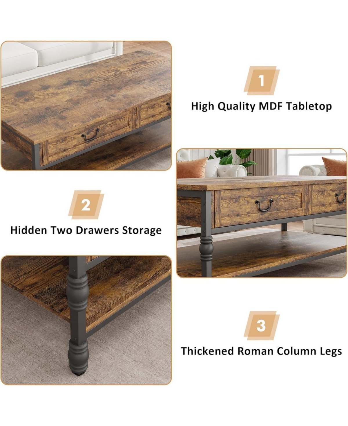 gaomon 41 Inch 2-Drawer Retro Style Wood Coffee Table, Multi-Functional Storage Center Table for Living Room