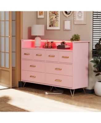 8-Drawer Modern LED Light & Charging Station, Wooden Chest, Open Shelf Dresser