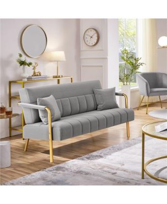 56.5″ W Upholstered Sofa Couch with Gold-tone Metal Arms and Legs
