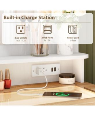 4-Drawer Charge Station, LED Strip, Crystal Knobs, Modern Vanity Cabinet Dresser with Mirror