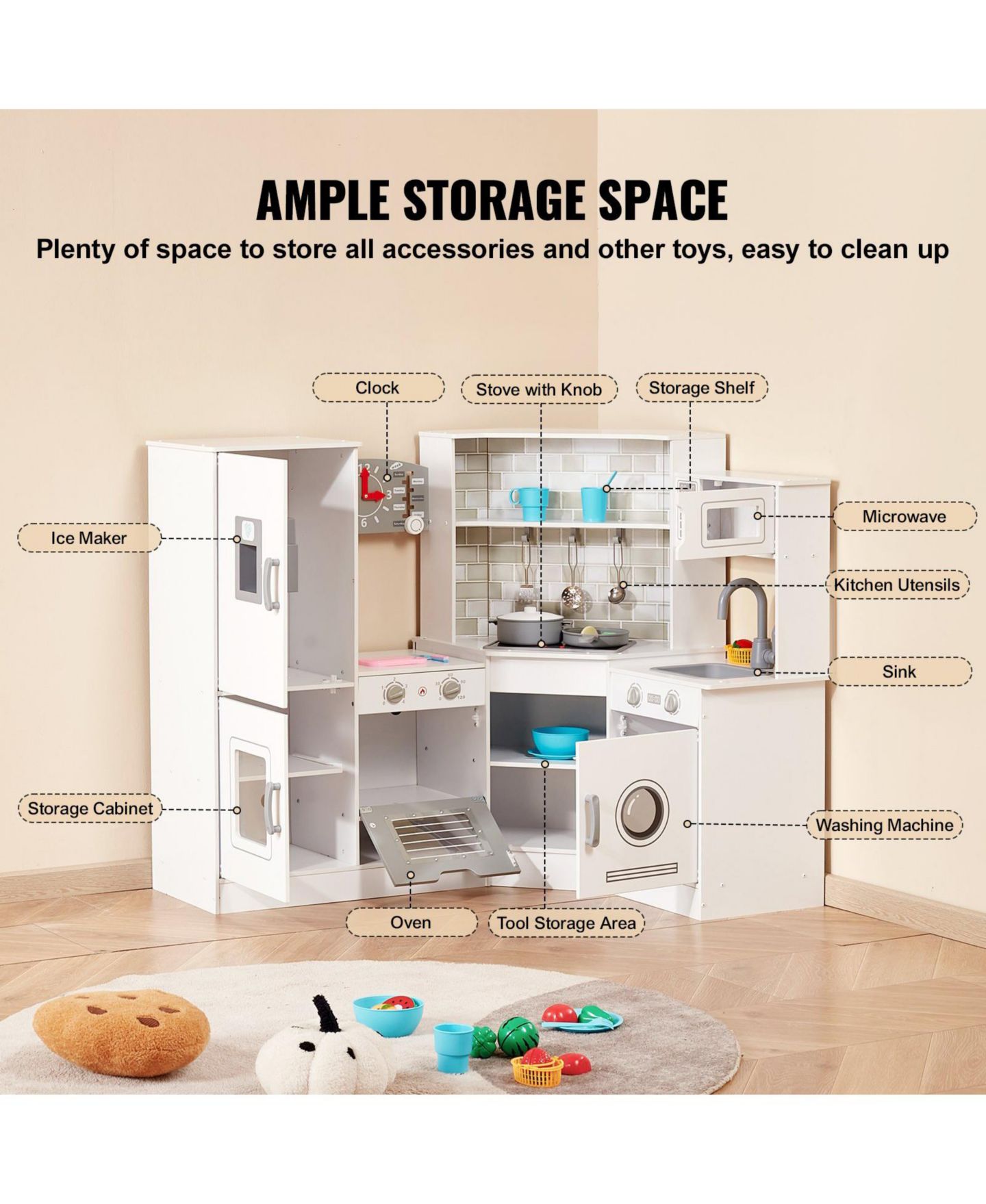 Детские игрушки SUGIFT Corner Wooden Play Kitchen with Electronic Sounds & LED Display, цвет: Белый — фото 3