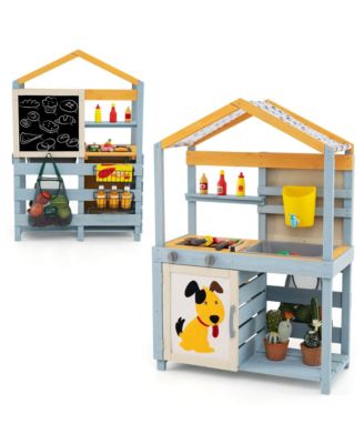 2-in-1 Wooden Outdoor Mud Kitchen and Grocery Store Play Kitchen with Sink