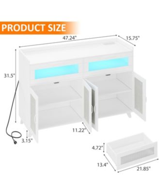 Farmhouse Rattan Storage Cabinet with Charging Station and LED Light, Heavy Duty Buffet