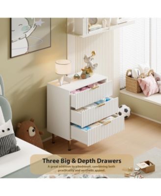 3-Drawer Modern Fluted White Dresser, Stylish Nightstand with Deep Drawers, Wide Top, Organizer for Bedroom, Living Room, Kids Room