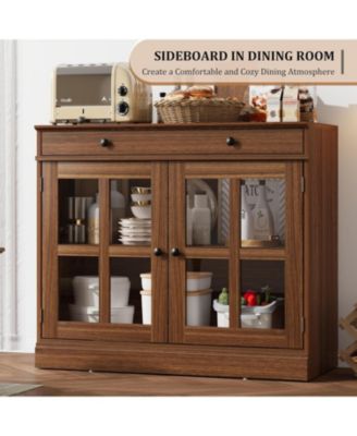 35.4 Inch Walnut Sideboard Buffet Cabinet, Glass Door, Drawer Storage, Modern Dining Room, Kitchen Cabinet