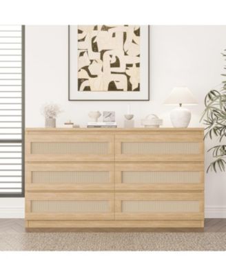 6 Drawer Natural Wood Multi-Purpose Rattan Fronts, Smooth Operation, TV Stand - Dresser