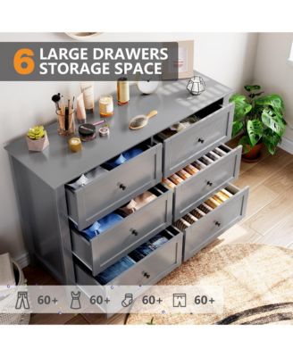 Grey 6 Drawer Dresser, Modern Chest with Deep Drawers, Nickel Round Handle, Wood Storage Organizer