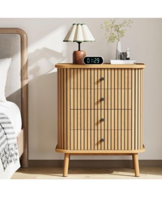 4-Drawer Wicker Boho Dresser with Handles and Wood Legs