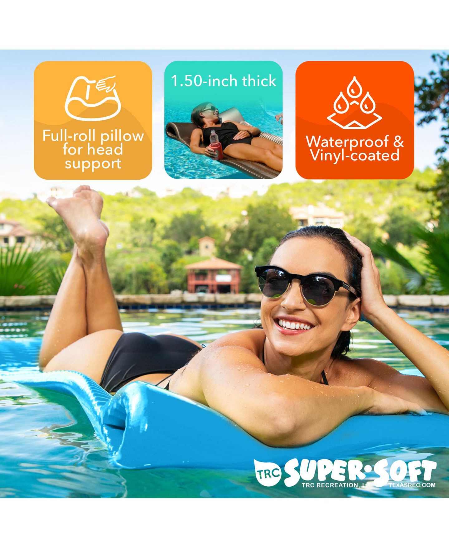 Детские игрушки TRC Recreation Serenity 1.5" Thick Vinyl-Coated Foam Built-In Roll Pillow Pool Lounge Float, Ages 14+ — фото 8