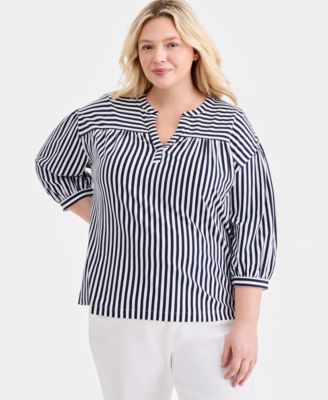 Plus Size Printed 3/4-Puff-Sleeve Top