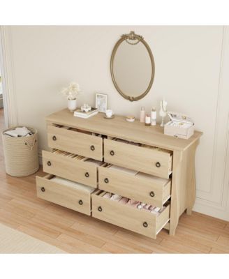 6-Drawer Modern Wood Dresser with Golden Ring Pull Handles, Wide Storage Cabinet for Living Room, Entryway, Oak Finish