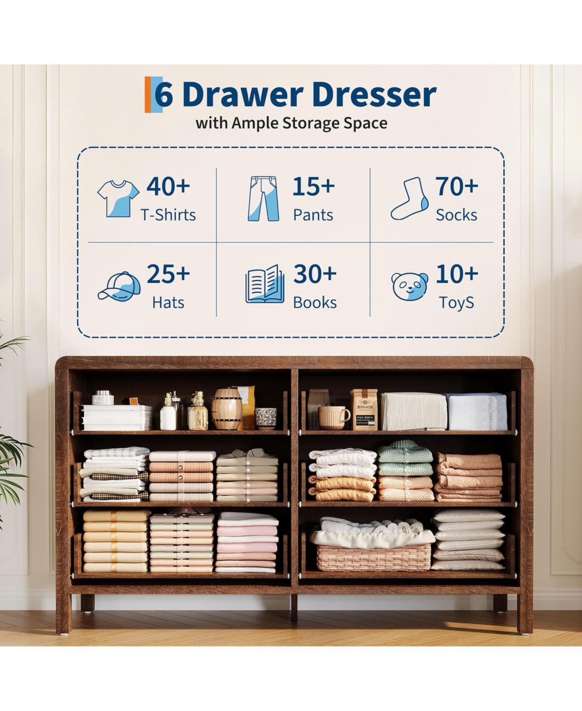 gaomon 6-Drawer Modern Bedroom Dresser Chest Closet Storage Cabinet Organizer for Bedroom, Living Room, Hallway, Office, Walnut