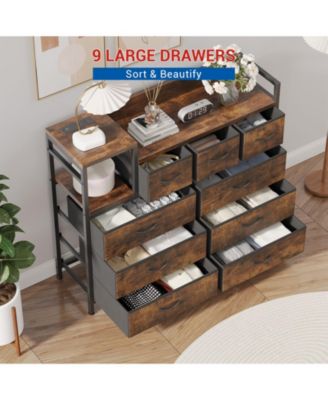 9-Drawer Modern Dresser with Charging Station, Heavy-Duty Storage Chest