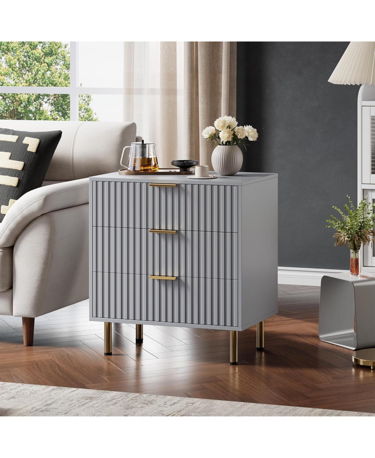 Gaomon Modern Fluted Grey 3-Drawer Dresser with Wide Top and Deep Storage Drawers, Stylish Organizer for Bedroom or Living Room