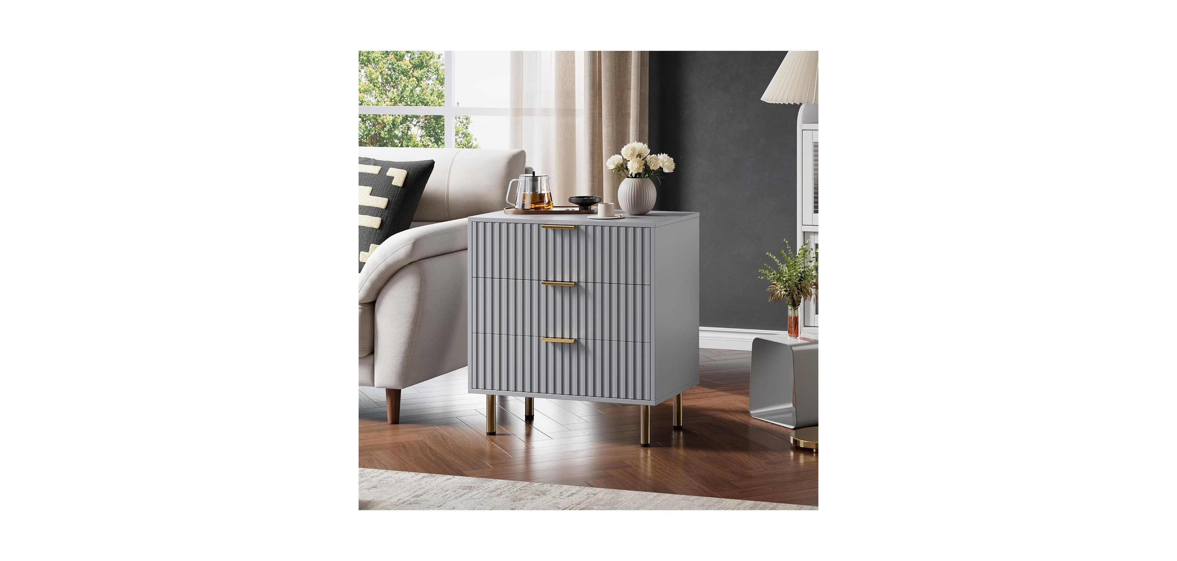 Gaomon Modern Fluted Grey 3-Drawer Dresser with Wide Top and Deep Storage Drawers, Stylish Organizer for Bedroom or Living Room