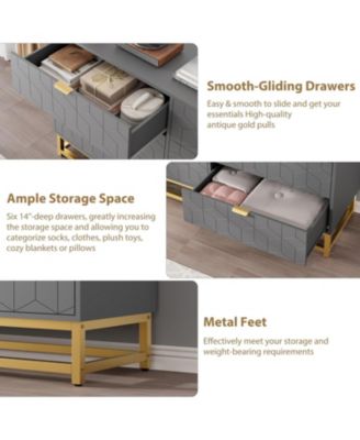 53.5 Inch 6-Drawer Modern Dresser, Wide Chest with Gold Metal Legs & Handles, Storage for Bedroom, Living Room, Hallway, Grey