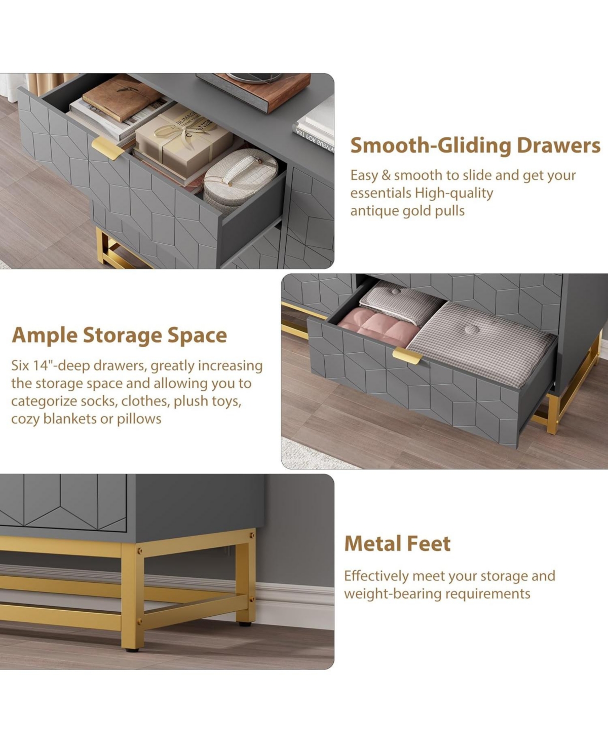 gaomon 53.5 Inch 6-Drawer Modern Dresser, Wide Chest with Gold Metal Legs & Handles, Storage for Bedroom, Living Room, Hallway, Grey