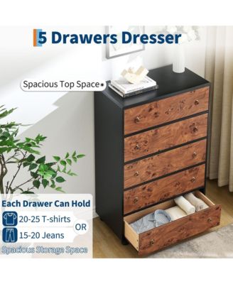 5 Drawer Modern Dresser, Space-Saving Narrow Wood Chest with Curved Profile, Vintage Handles, Bedroom, Entryway