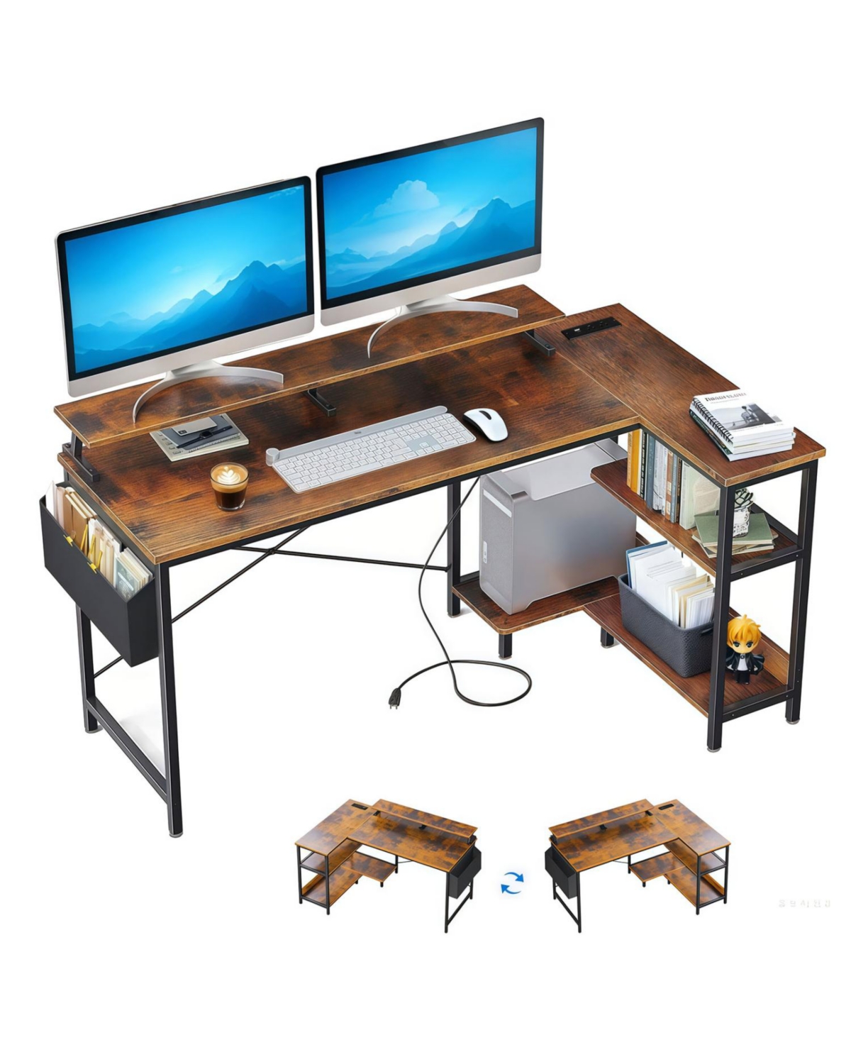 Streamdale 47" Gaming Desk with Power, L-Shaped, Monitor Stand & Shelves, Vintage