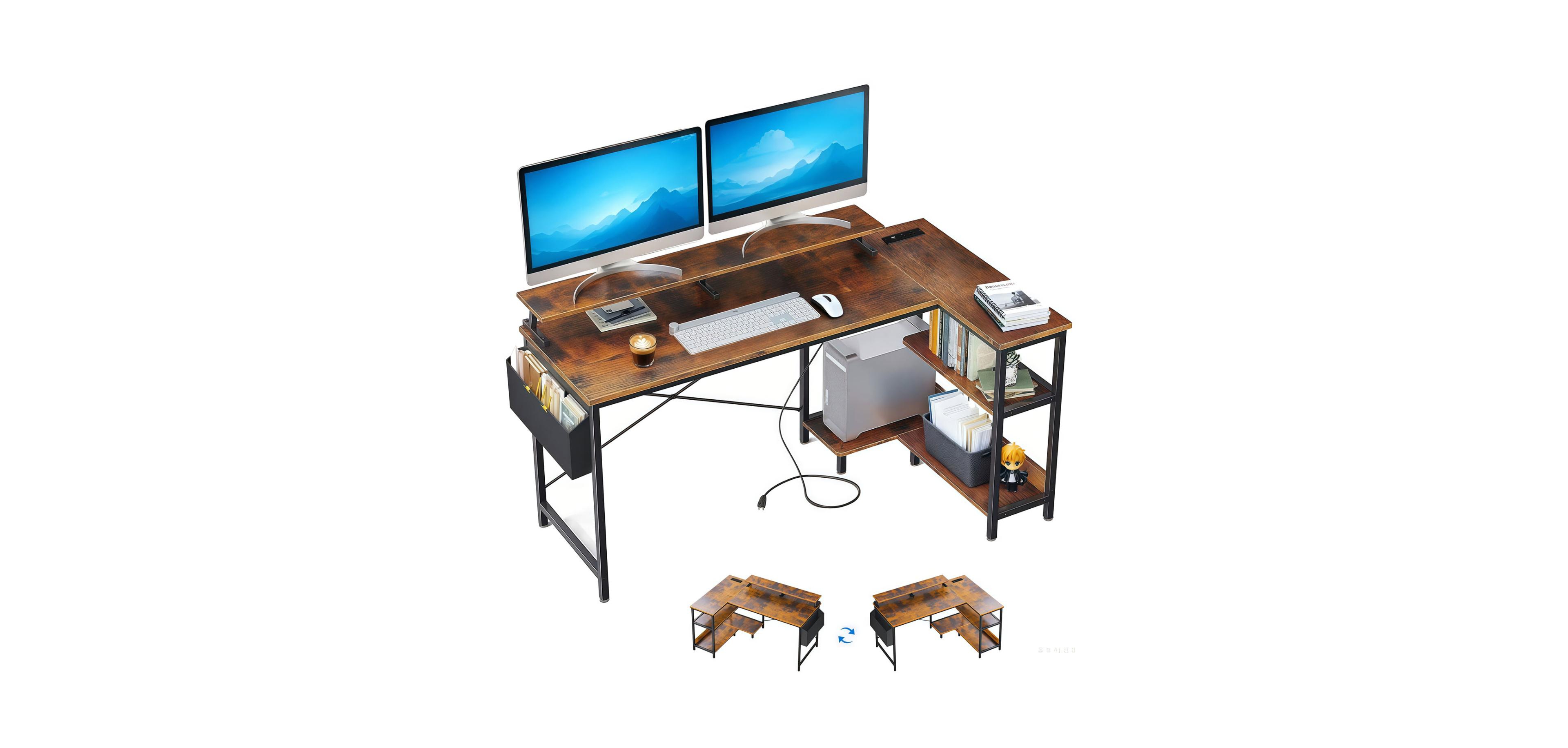 Streamdale Furniture 47" Gaming Desk with Power, L-Shaped, Monitor Stand & Shelves, Vintage