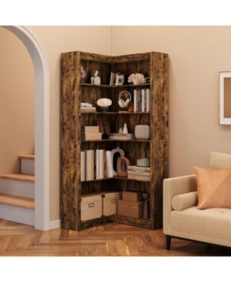 5-Tier Farmhouse Corner Bookcase, 71.8" L-Shaped Brown Display Shelf with Storage, Living Room, Home Office