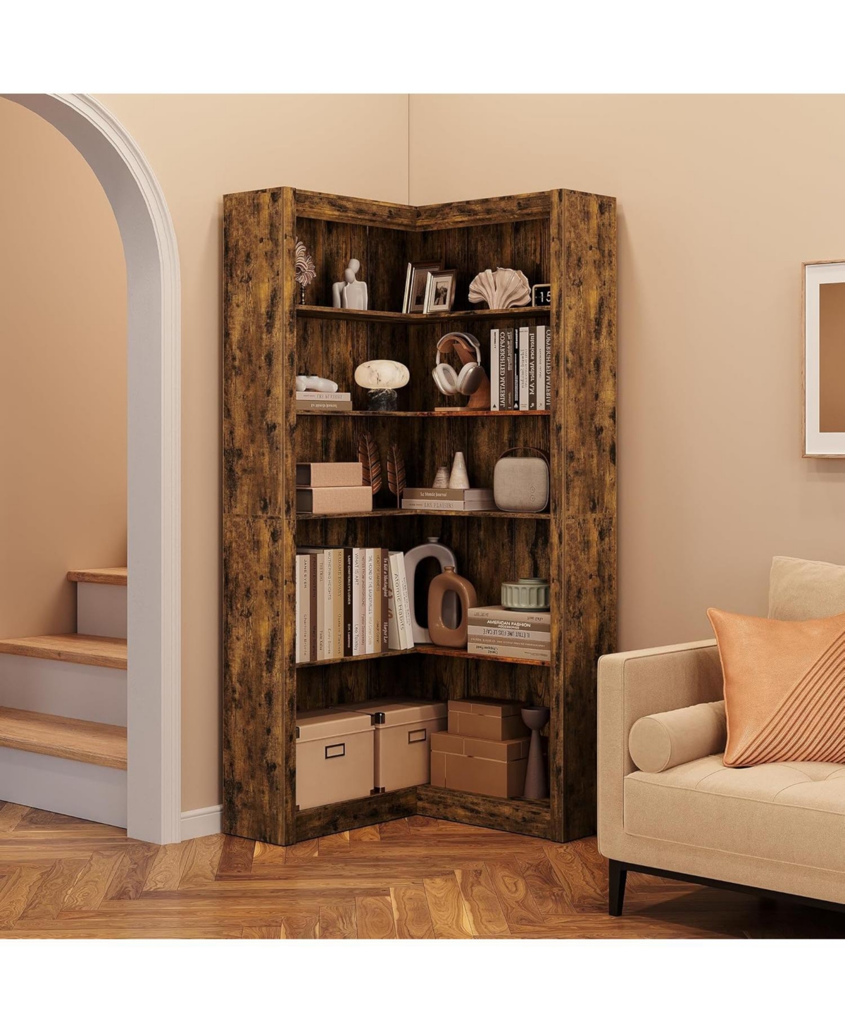 gaomon 5-Tier Farmhouse Corner Bookcase, 71.8" L-Shaped Brown Display Shelf with Storage, Living Room, Home Office