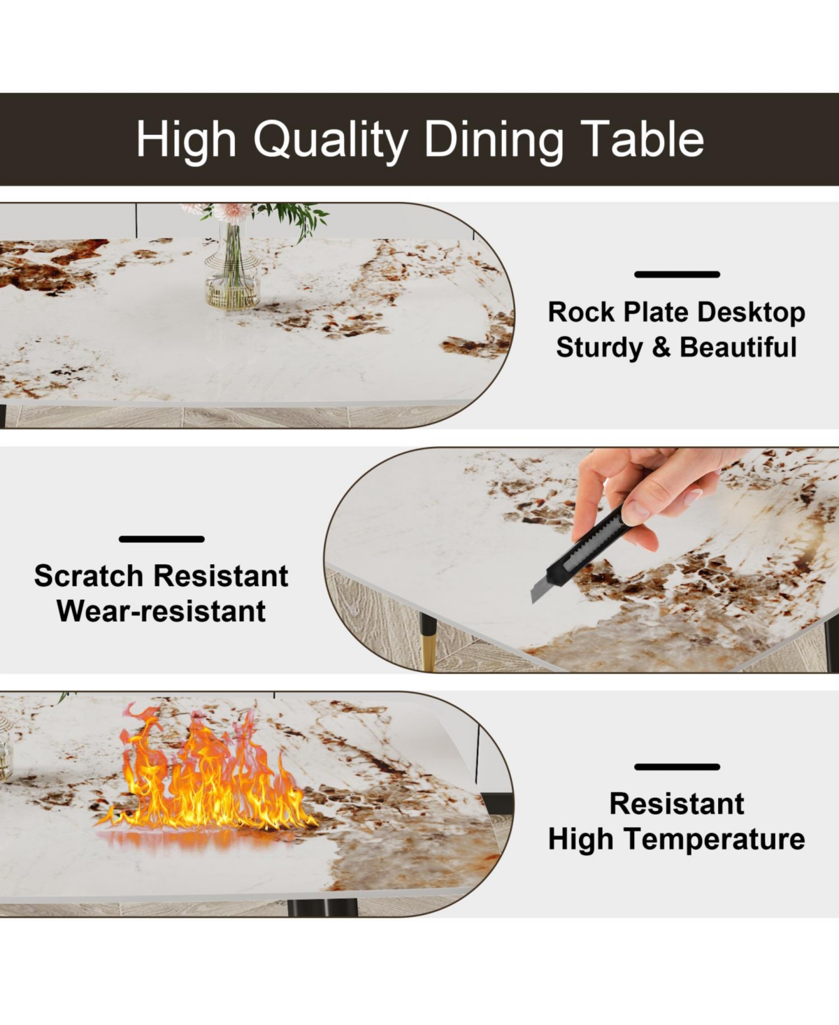 Streamdale Furniture Streamdale Sintered Stone Dining Table, Black Metal Legs