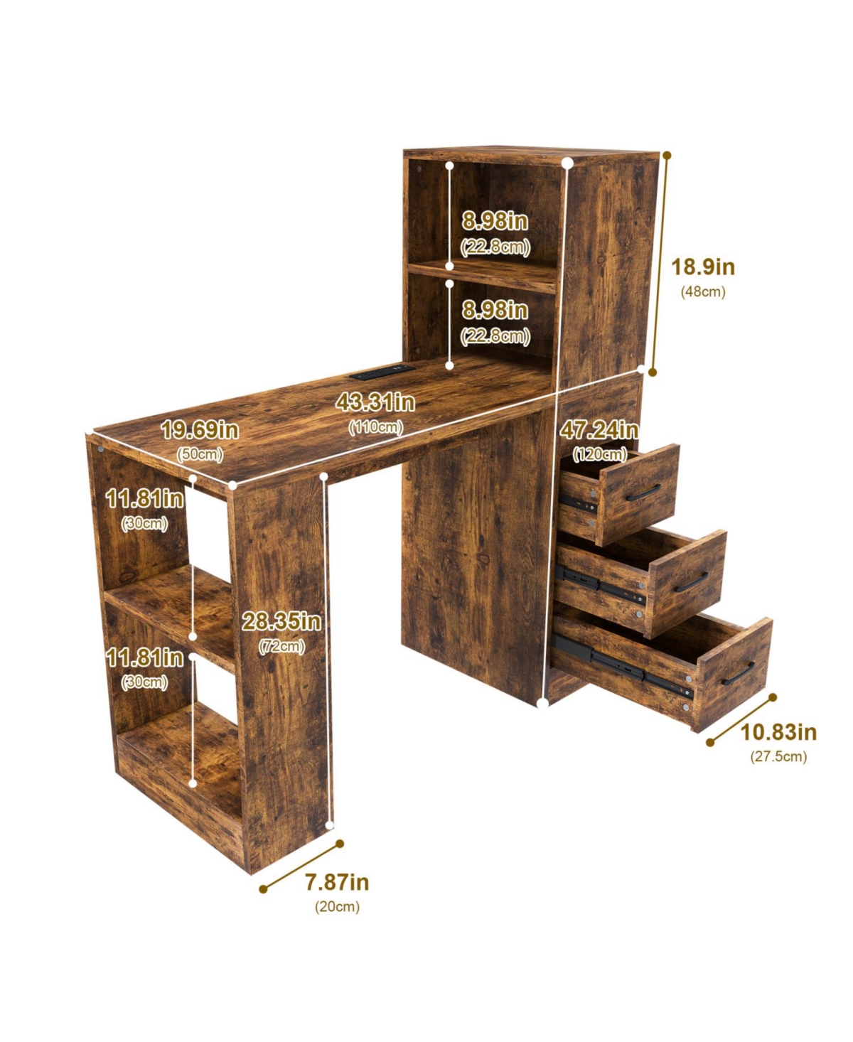 Streamdale Computer Desk with Socket, Drawers & Shelves - Carbonized Wood