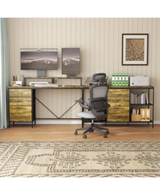 114" L-Shaped Desk with Power/USB-C 6 Drawers 3 Shelves Monitor Stands Rustic Brown