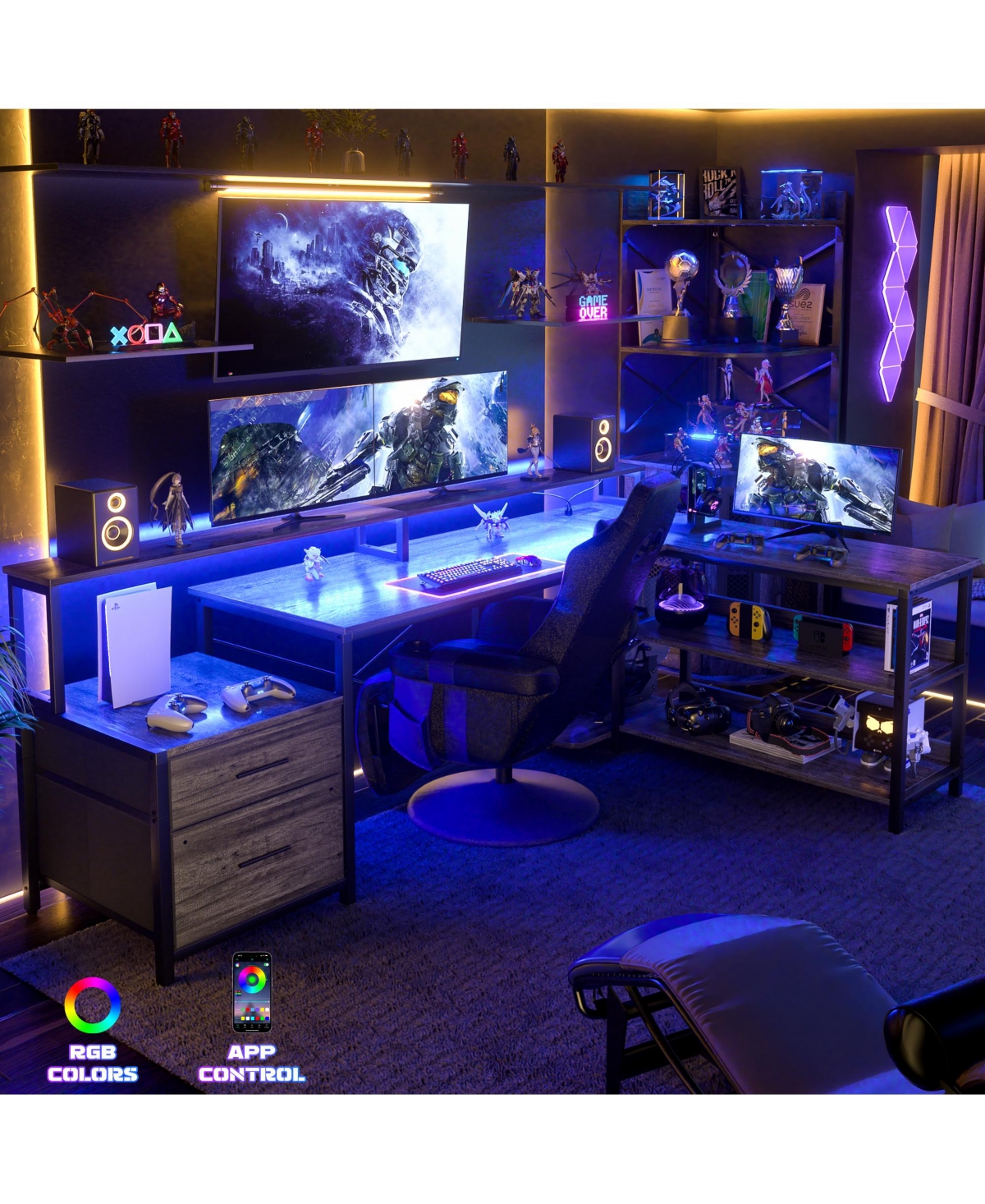 Aheaplus 72.8" L Shaped Desk with File Drawer, Reversible Computer Power Outlet, Led Strip, Monitor Stand & Storage Shelves