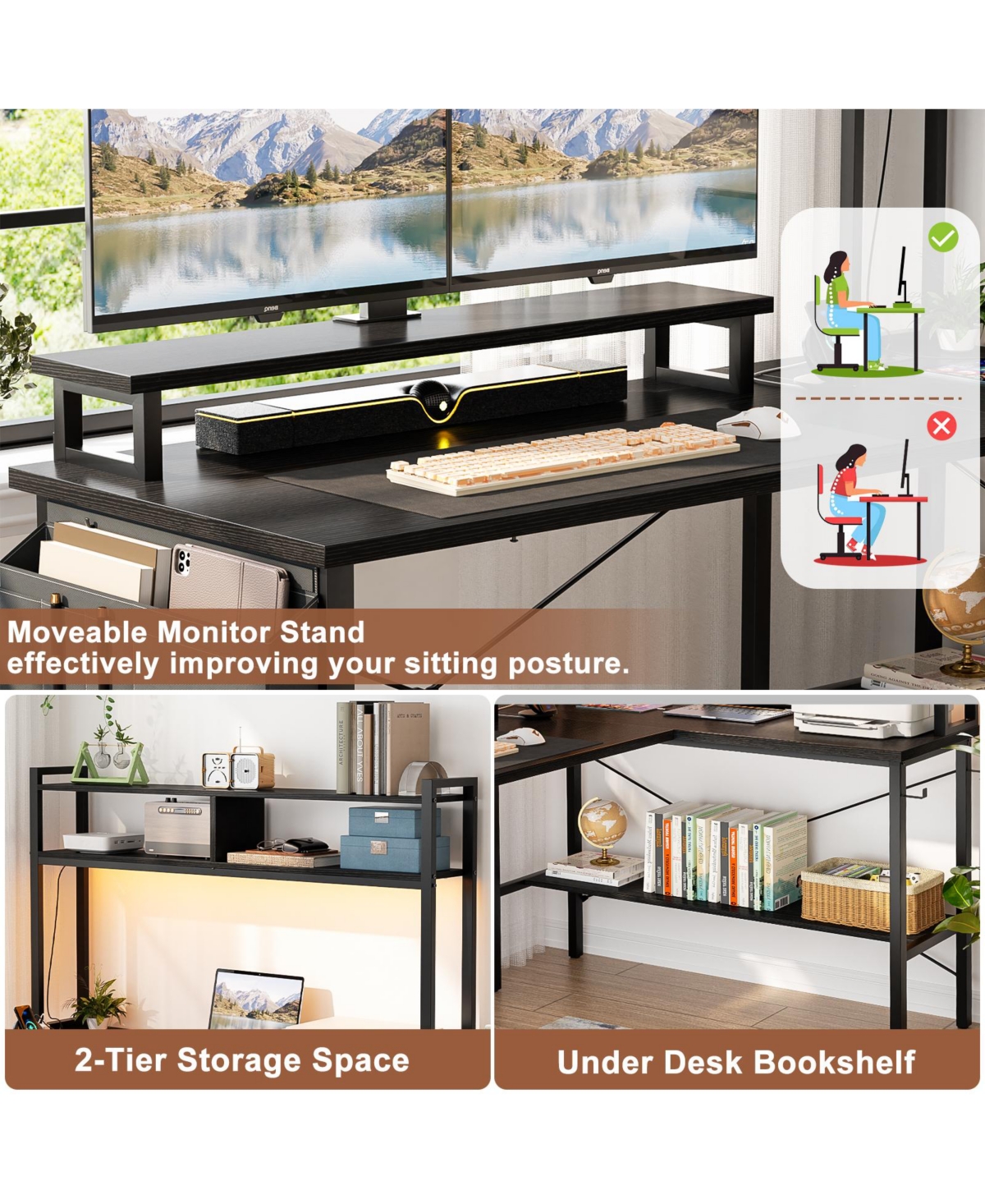 Aheaplus 49'' Reversible L Shaped Gaming Desk with Power Outlet and Led Lights, Corner Hutch & Monitor Stand