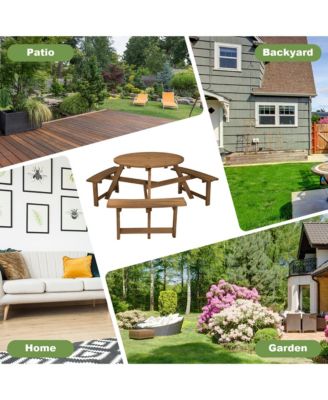 6-person Round Wooden Picnic Table Outdoor Table w/ Umbrella Hole & Benches