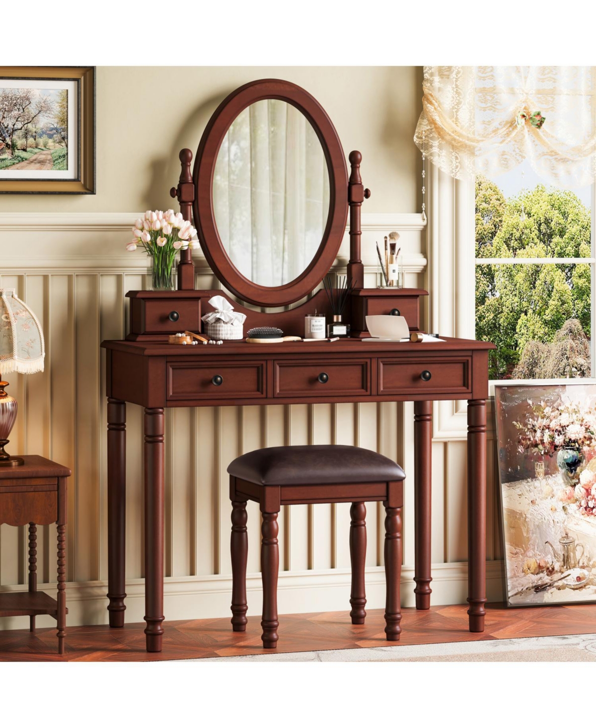 Streamdale Furniture Vanity Desk with Mirror, Cushioned Stool, 5 Drawers - Walnut