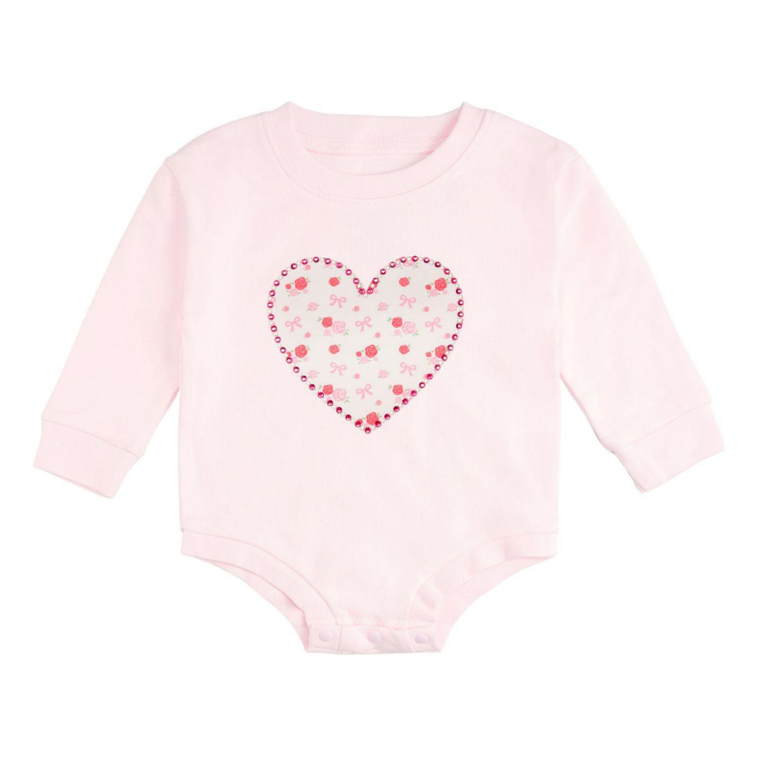 Baby Girls Dainty Rose Pearl Heart Patch Long Sleeve Romper