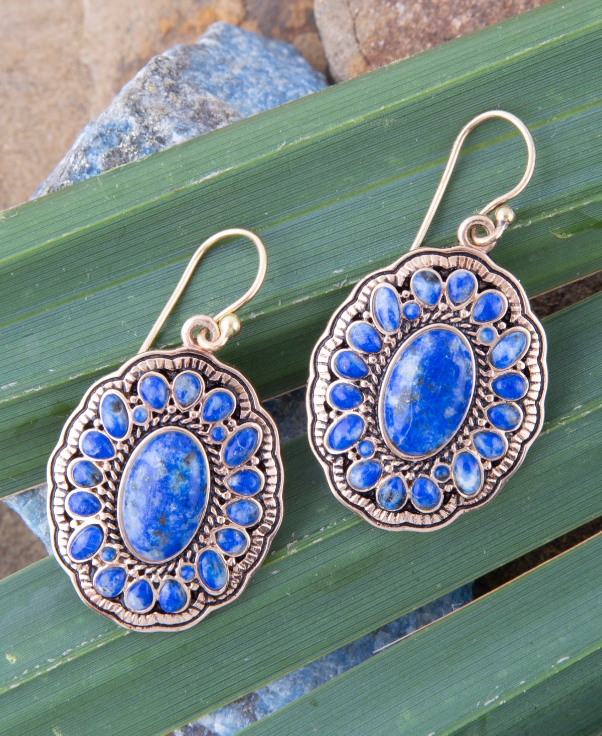 Barse Genuine Concho Denim Blue Lapis Golden Drop Earrings