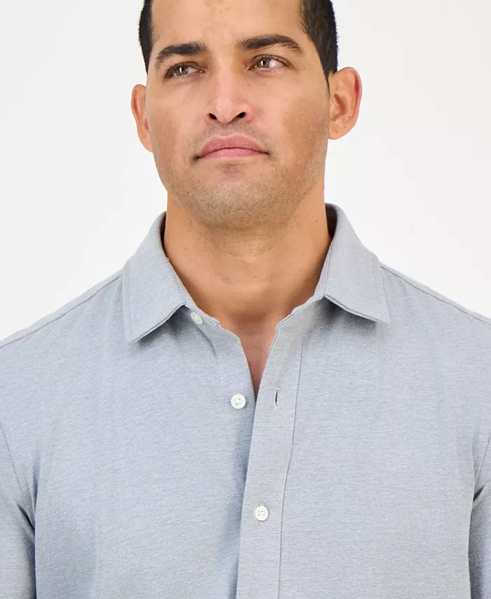 Men's Classic-Fit Heathered Jersey-Knit Button-Down Shirt - thumbnail 3