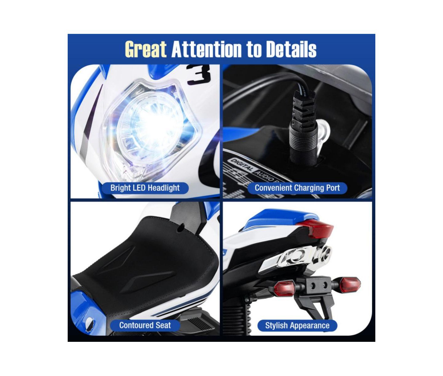 Детская игрушка HONGGE 6V Kids Ride On Motorcycle with LED Lights, цвет: Тёмно-синий — фото 10