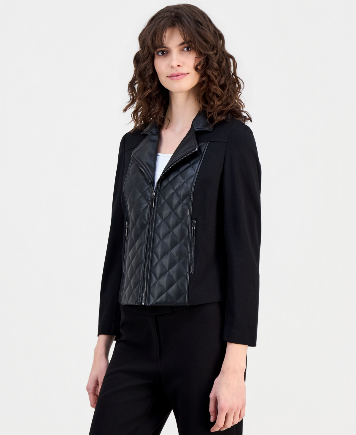 Anne Klein Essentials Petite Quilted-Front Moto Jacket