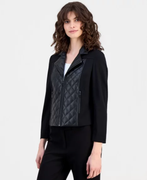 Petite Quilted-Front Moto Jacket  - Anne Black