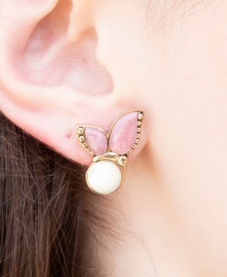 Pink Rhodonite and White Mother of Pearl Golden Butterflies Post Earrings