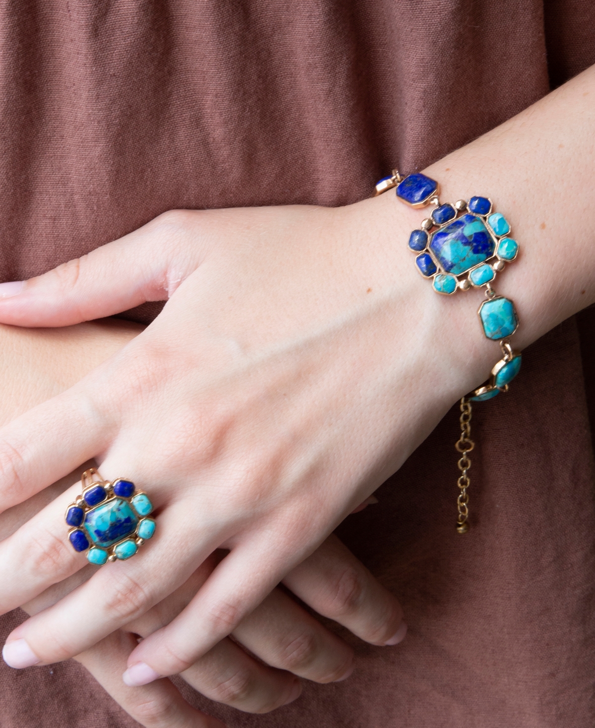 Barse Duality Blue Lapis and Turquoise Golden Statement Ring