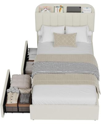 Boucle Storage Bed with Built-In Bookcase, 2 Drawers, Sturdy Frame, No Box Spring Required