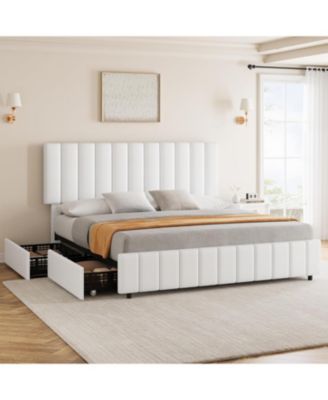 Queen PU Leather Quilted Upholstered Platform Bed Adjustable Headboard 4 Storage Drawers Wooden Slats No Box Spring