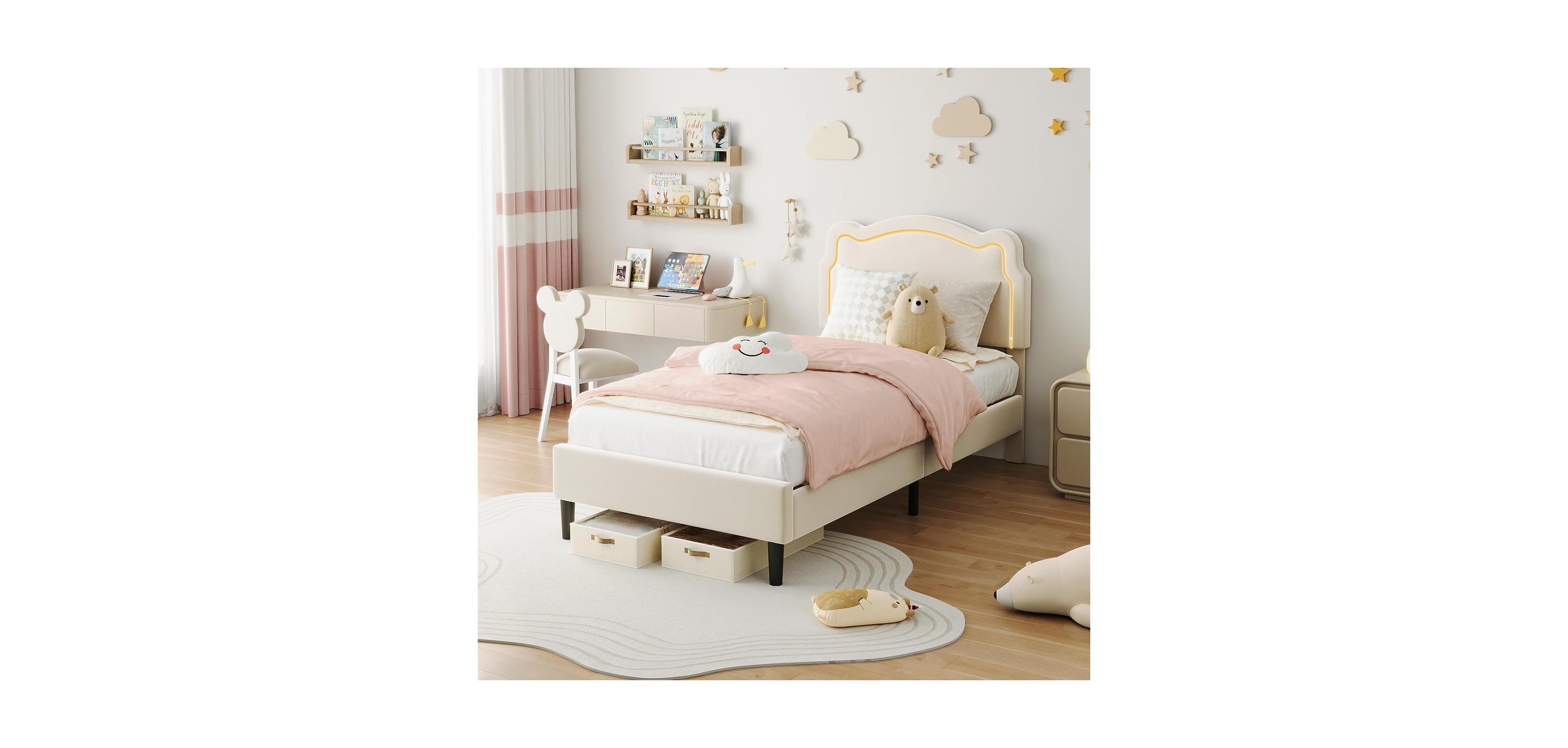 gaomon Twin Size Velvet Upholstered Smart Led Platform Bed Frame with Adjustable Bear Headboard, Wooden Slats, No Box Spring, Beige